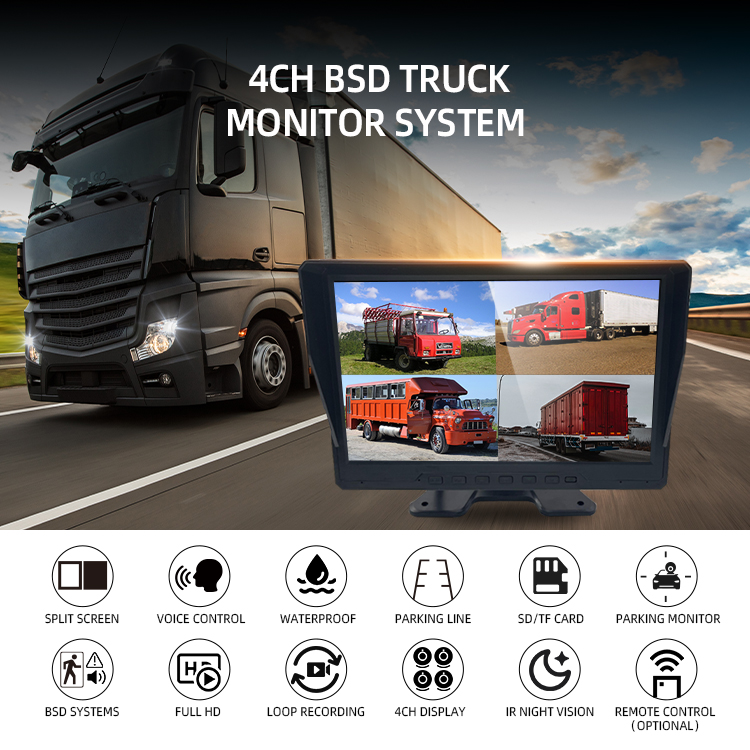 가청 경보가있는 음성 제어 모니터 -BSD 1080P AHD 트럭 4 채널 차량 카메라