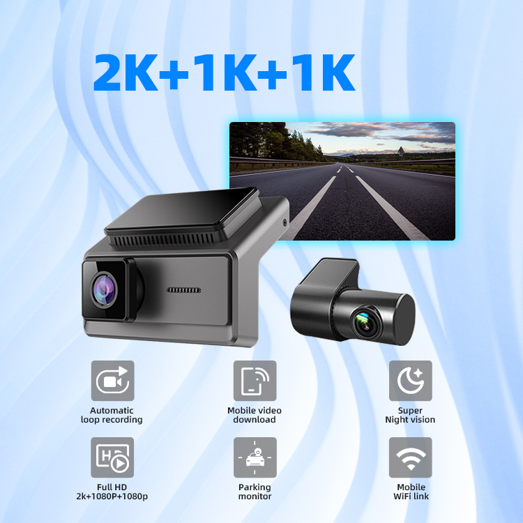 3 카메라 2K+1080p+1080p 비디오 레코더 Wi -Fi 앱 제어 자동차 DVR 대시 캠 